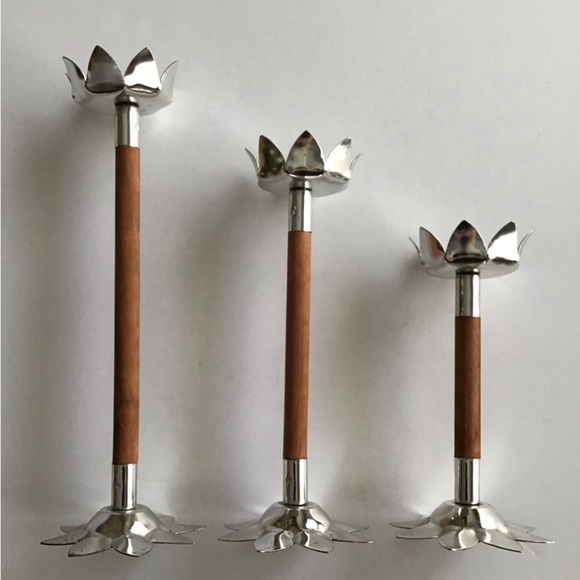 Vintage Mid Century Modern TRIO Wood Danish Look Votive Candle Holders Flowers - Picture 3 of 4
